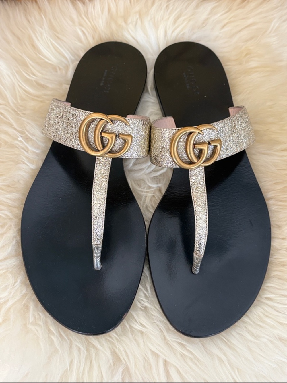 Gucci Gold Metallic GG Thong Sandals with Black Footbed